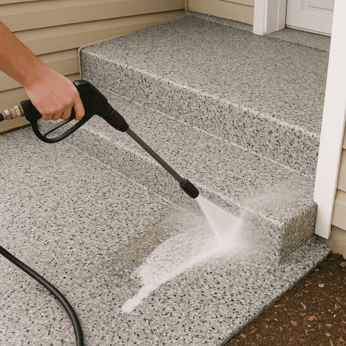 alt=“Canadian outdoor concrete coating being pressure washed in spring”